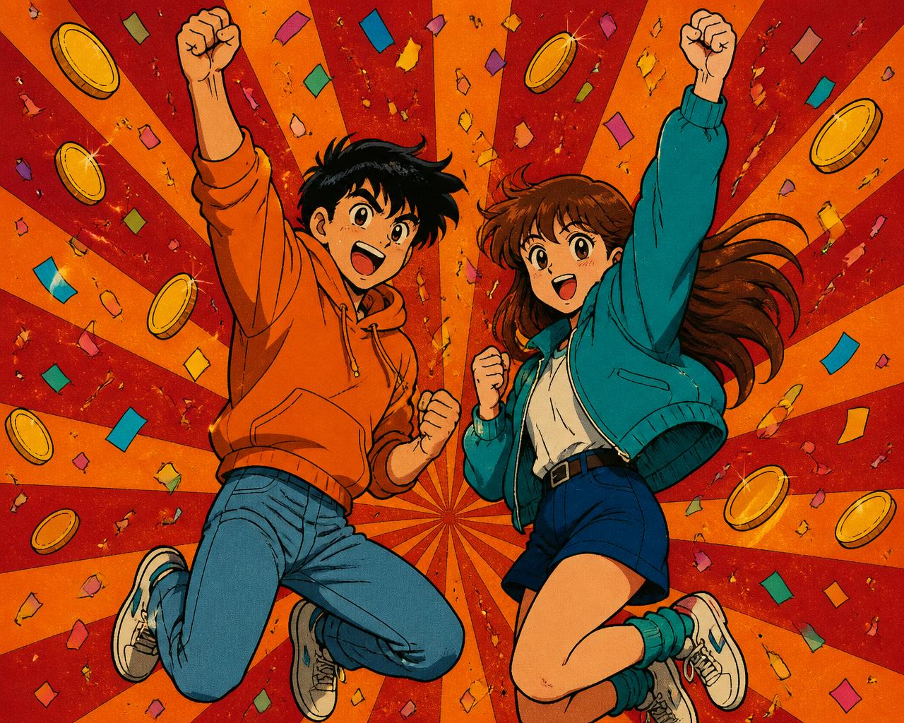 Deux jeunes en pose de victoire, illustration rétro années 80