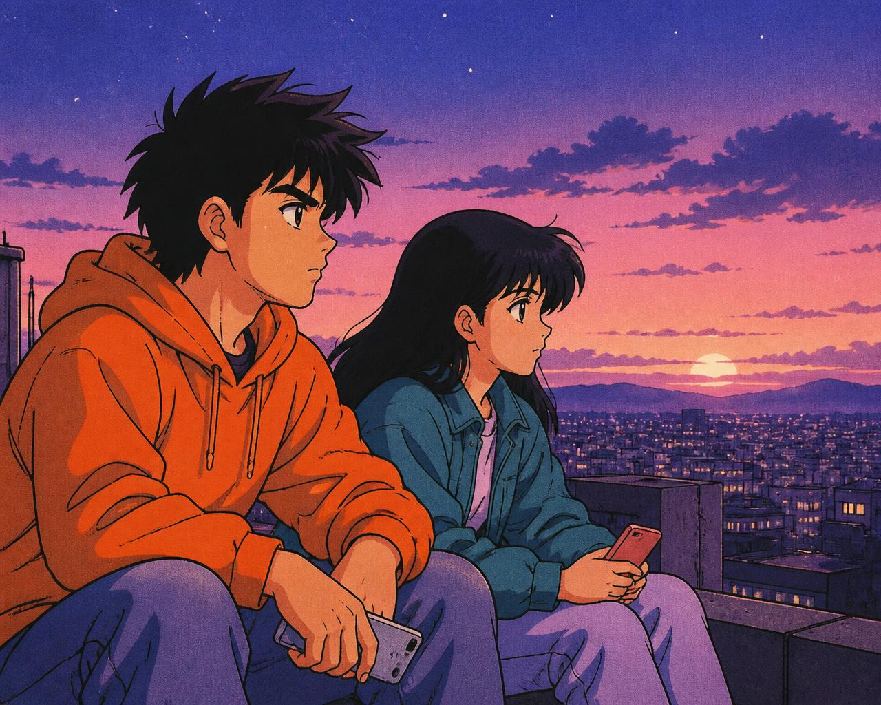 Deux jeunes déterminés sur un toit au coucher du soleil, illustration anime rétro