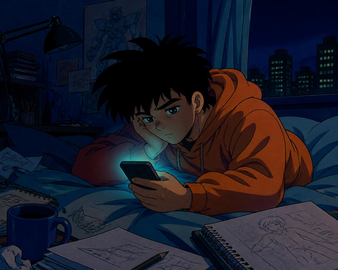 Jeune découragé scrollant son téléphone la nuit, illustration anime rétro