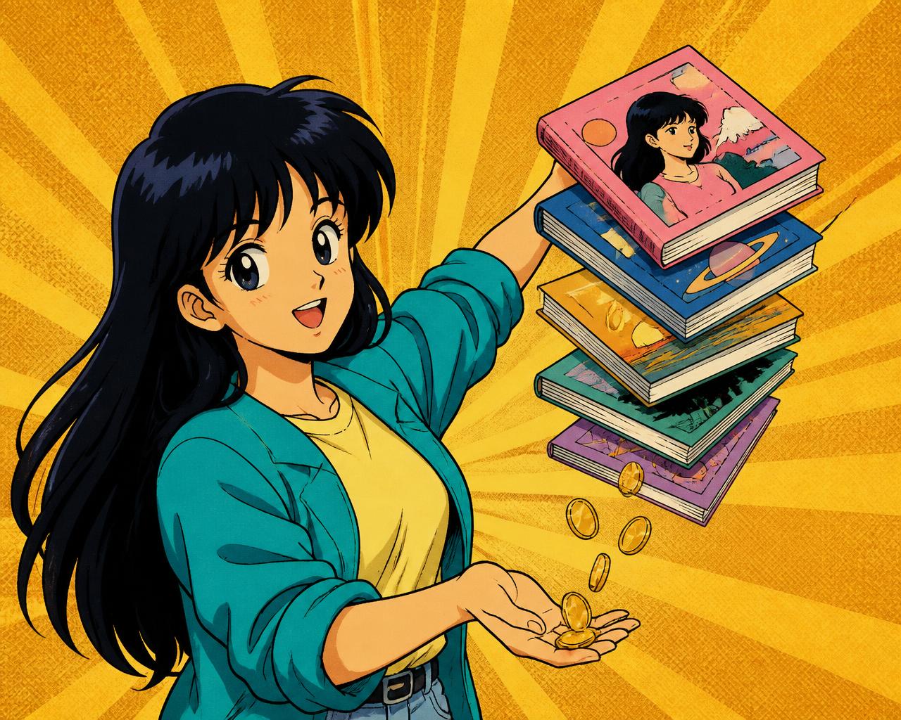 Créatrice présentant ses propres ebooks, illustration anime rétro