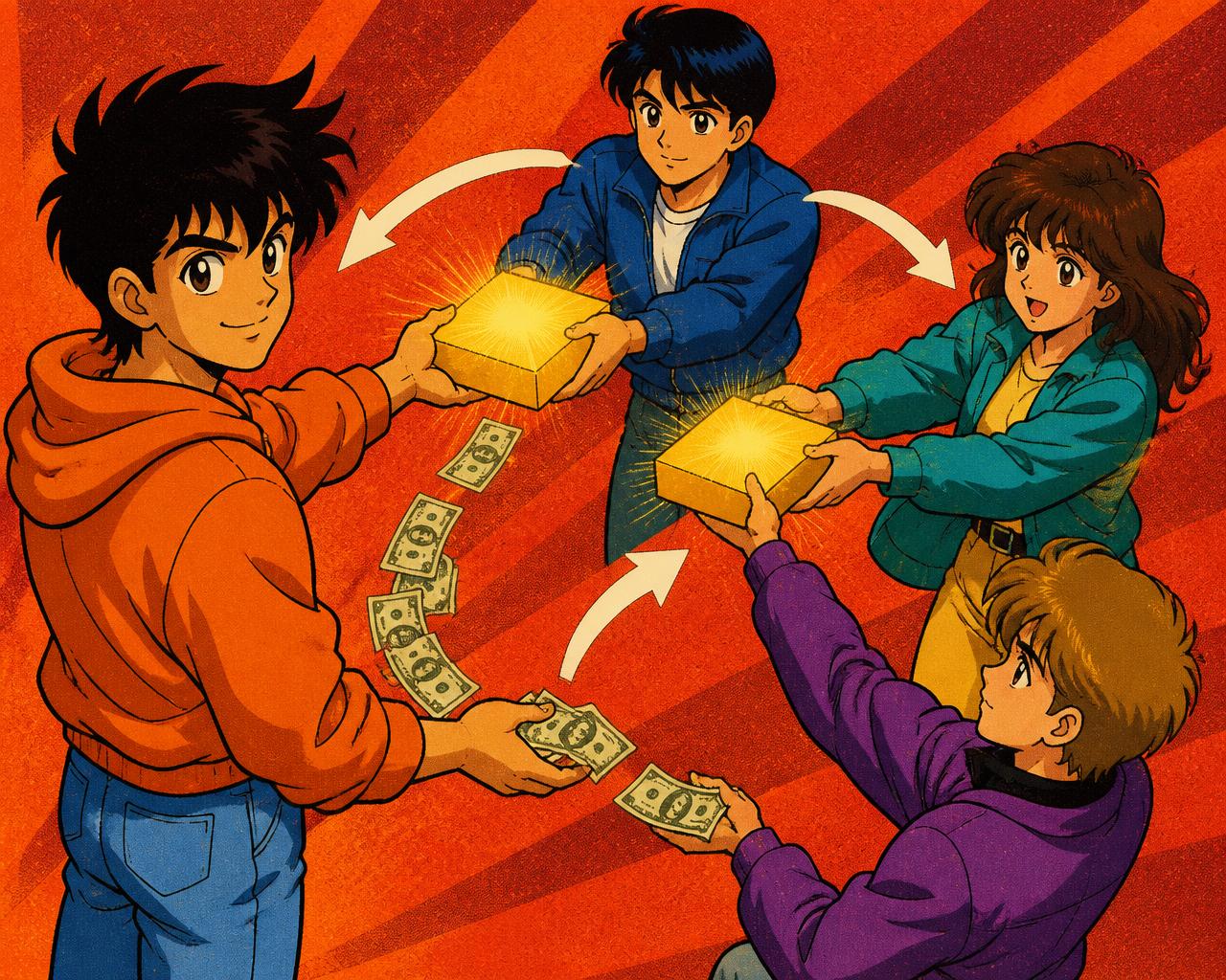 Chaîne de revente de la formation entre plusieurs jeunes, illustration rétro
