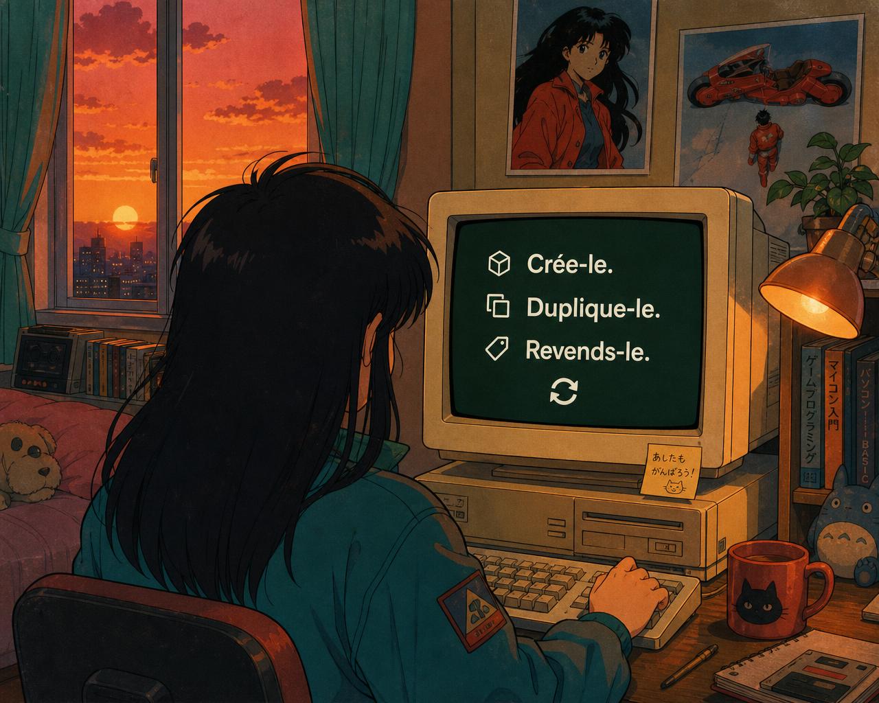 Jeune femme devant un écran vert affichant « Crée-le. Duplique-le. Revends-le. », illustration anime rétro